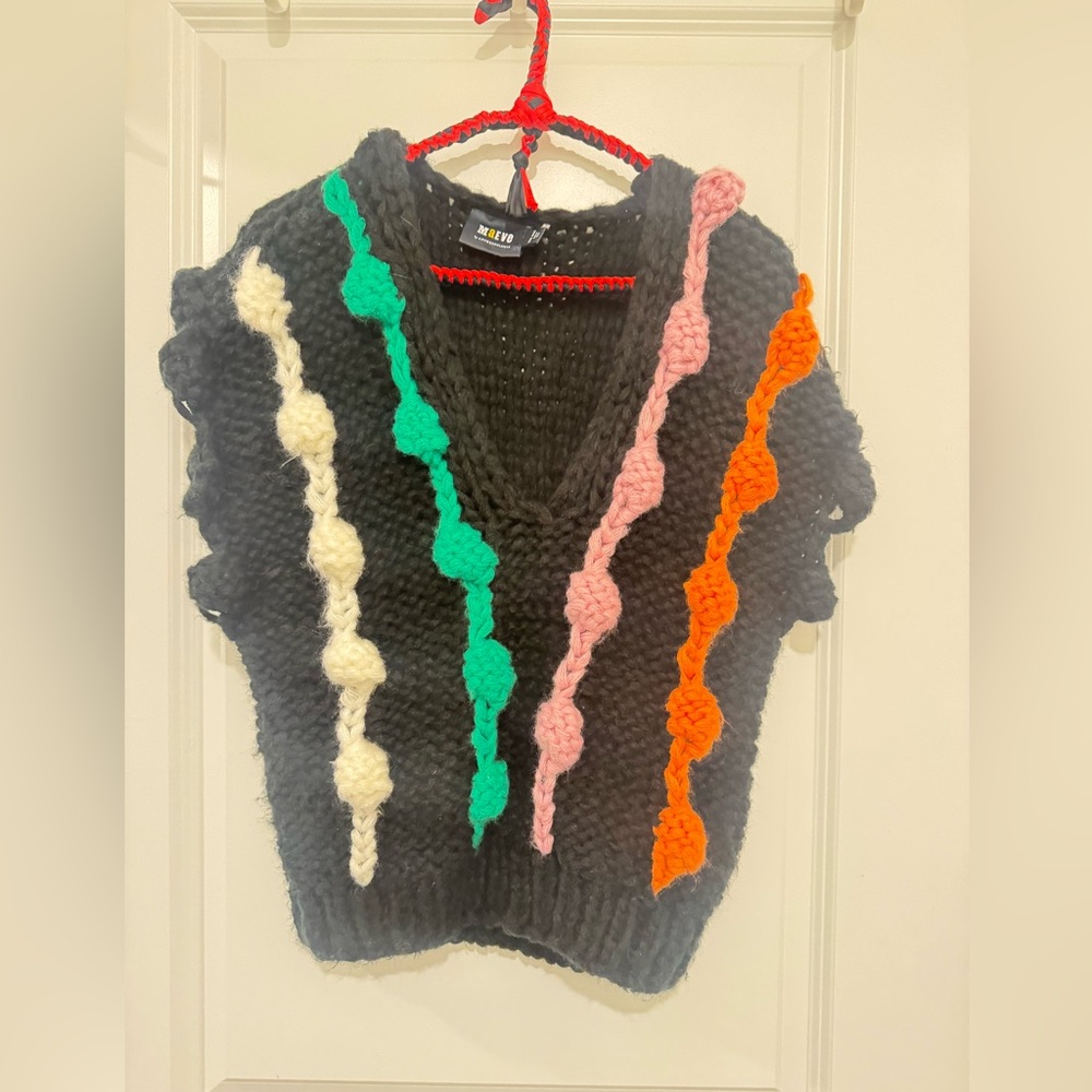 Anthropologie Maeve Black Chunky Knit Sweater Vest with Multicolor Accent Braids